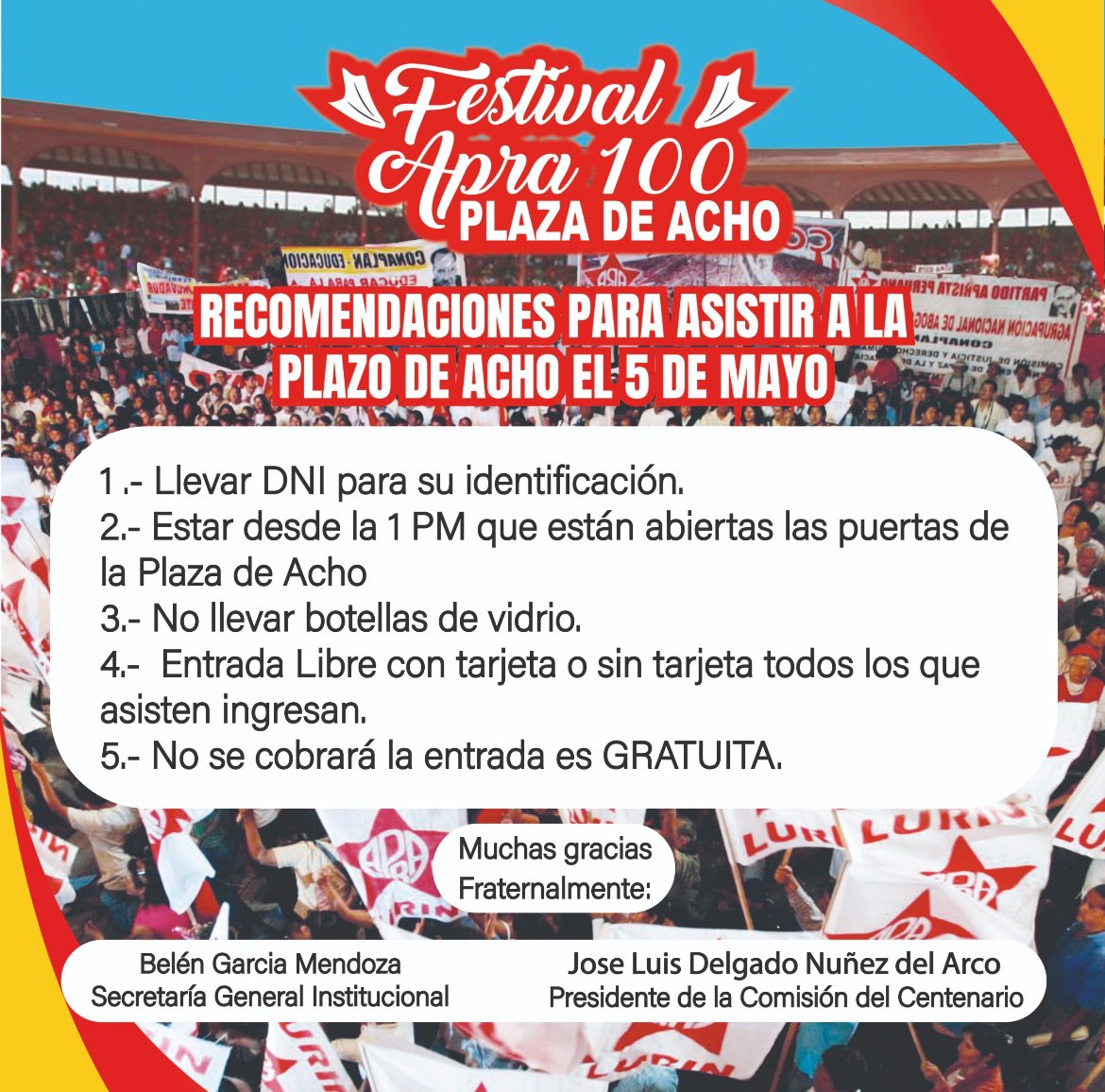 !Avisa a los compañeros!, este 5Mayo la Plaza de Acho es aprista, la plaza de los pañuelos blancos. 
!Haya vive! !Alan dignidad!