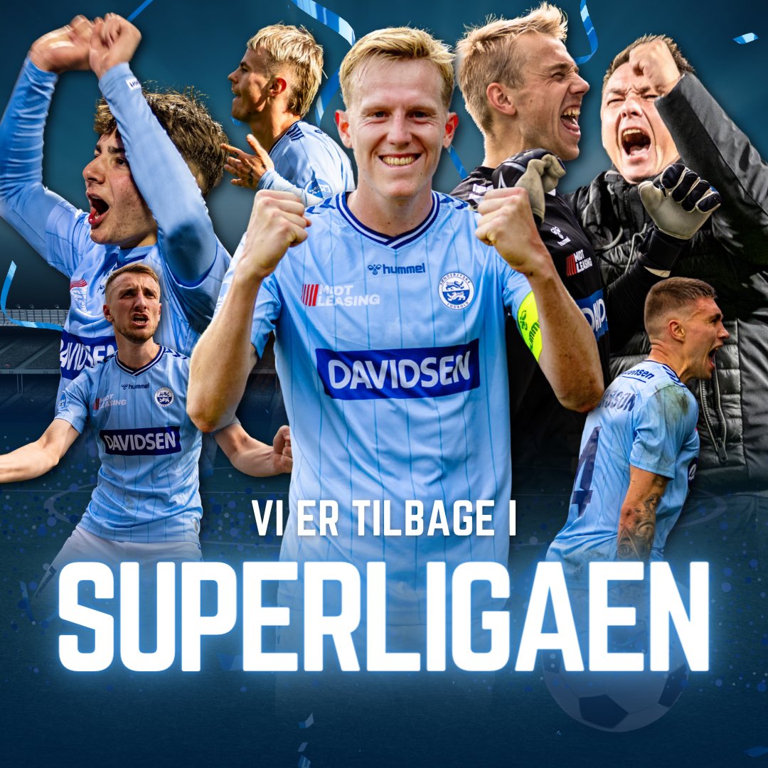 VI ER TILBAGE I 𝗦𝗨𝗣𝗘𝗥𝗟𝗜𝗚𝗔𝗘𝗡 🆙

Vi vinder 2-1 over FC Fredericia på Sydbank Park, og Superliga-billetten er dermed sikret 🎖️

Bliv hængende på stadion, hvor vi sammen fejrer oprykningen 🍻🩵🎉

⭐️ 𝗦𝗨- 𝗦𝗨- 𝗦𝗨𝗣𝗘𝗥𝗟𝗜𝗚𝗔 ⭐️