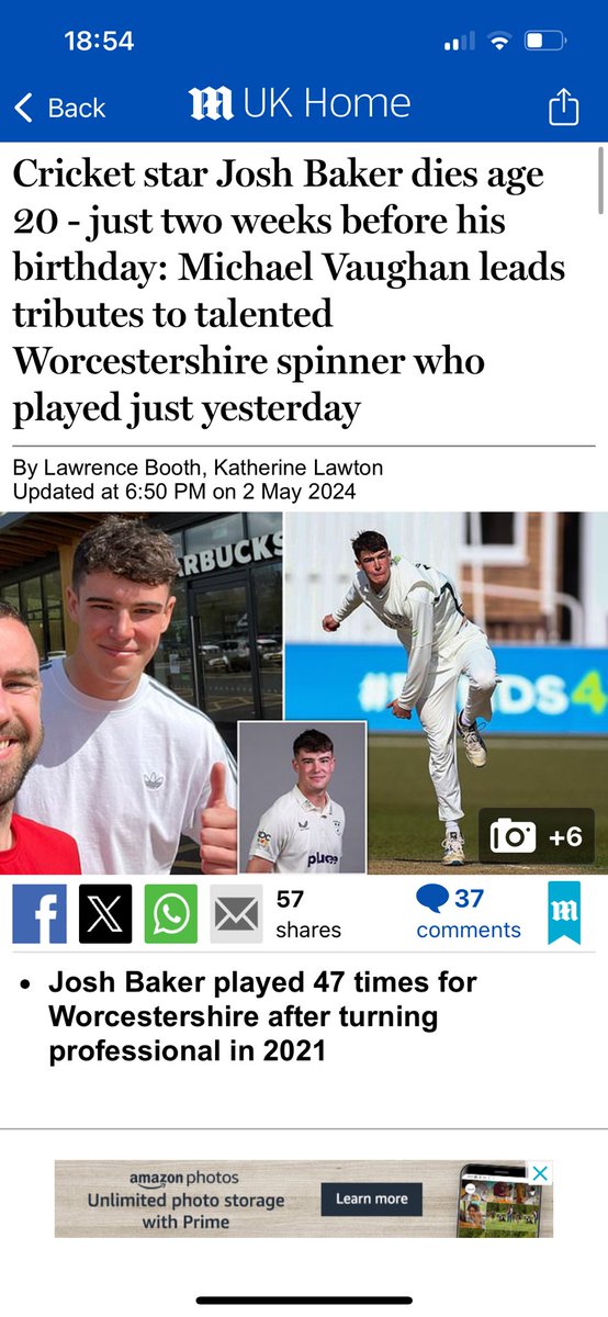 🤦🏼‍♀️🤦🏼‍♀️😫😫💔💔 Is this what I fear it is?? Cricket star Josh Baker dies age 20 - just two weeks before birthday mol.im/a/13376247