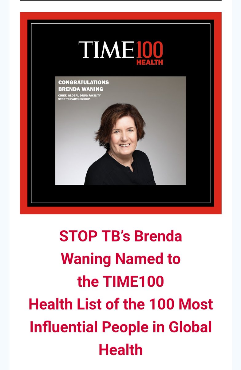 Congrats <a href="/BrendaWaning/">Brenda Waning</a> on this very well deserved recognition! <a href="/StopTB/">Stop TB Partnership</a> <a href="/USAIDGH/">USAID Global Health</a> <a href="/Emory_TB_Center/">Emory/Georgia TB Research Advancement Center-TRAC</a> <a href="/TB_UITB/">UITB</a> <a href="/StopTBUSA/">StopTBUSA</a> <a href="/tbcontrollers/">National Tuberculosis Coalition of America</a>