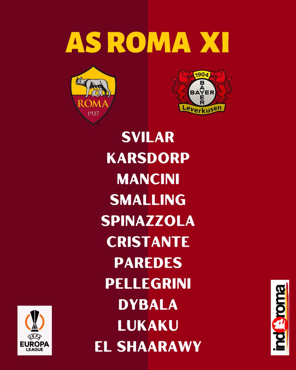 Formazione Ufficiale #ASRoma 🔴🐺🔶
.
.
.
#ASRomaDAY #RomaLeverkusen #UEL #unicograndeamore #forzaroma #dajeroma #grazieroma #DDR #indoroma