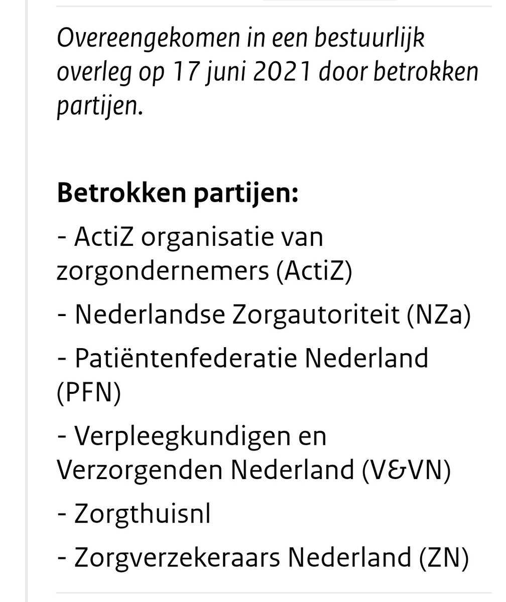 En vergeet de andere partijen Convenant clientprofielen niet! Actiz, Patientenfederatie, V&VN, Zorgthuisnl en Zorgverzekeraars Nederland. In het convenant staat duidelijk beschreven dat partijen (mits gemotiveerd) het convenant kan opzeggen. Geen van de partijen had het lef..