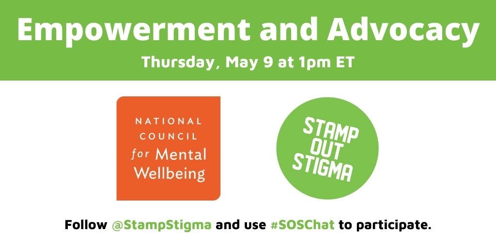 That wraps up our first #SOSChat of Mental Health Awareness Month (#MHAM)! Thank you all for joining us today. We hope you can join us next week for our chat on 'Mental Health Empowerment and Advocacy' with co-host @NationalCouncil!