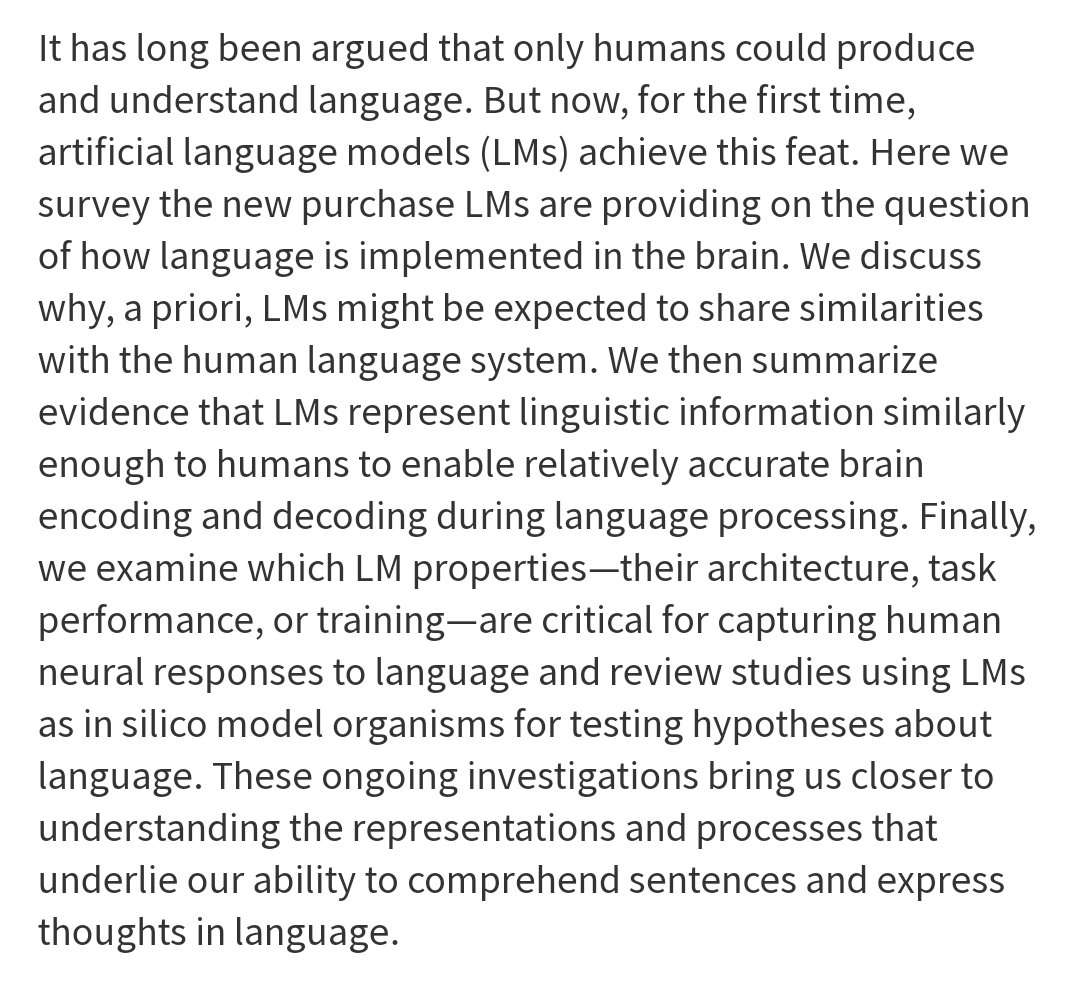 Language in Brains, Minds, and Machines. This is an interesting article bringing LLMs nearer (?) to our language brain. This is why I believe LLM are key to upgrade #MachineInterpreting. annualreviews.org/content/journa…