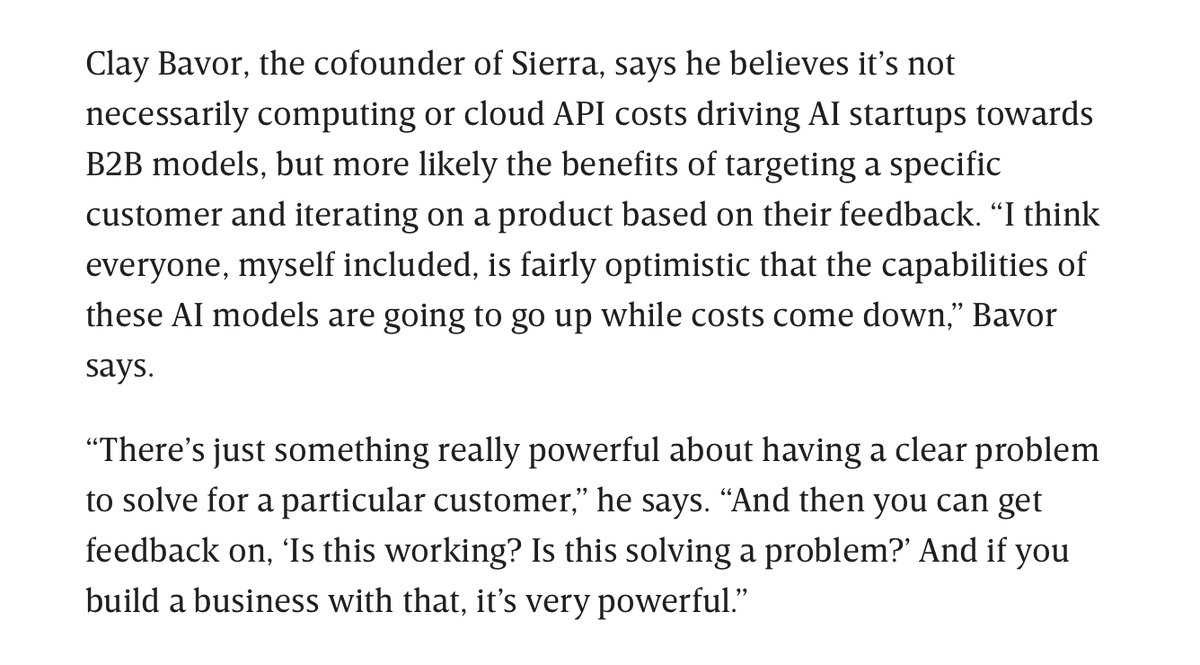 It's super expensive for AI startups to buy compute power & cloud API access. But @claybavor, who started an enterprise chatbot co with @btaylor, says he thinks costs will go down & addressing a specific need will be better than going broad and wide in AI wired.com/story/unsexy-f…