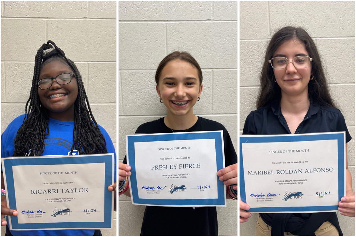 Congratulations to our Singers of the Month for the month of April!

Ricarri Taylor - 6th Grade
Presley Pierce - 7th Grade
Maribel Roldan Alfonso - 8th Grade

#RoarJagsRoar #SingJagsSing #YourVoiceMatters