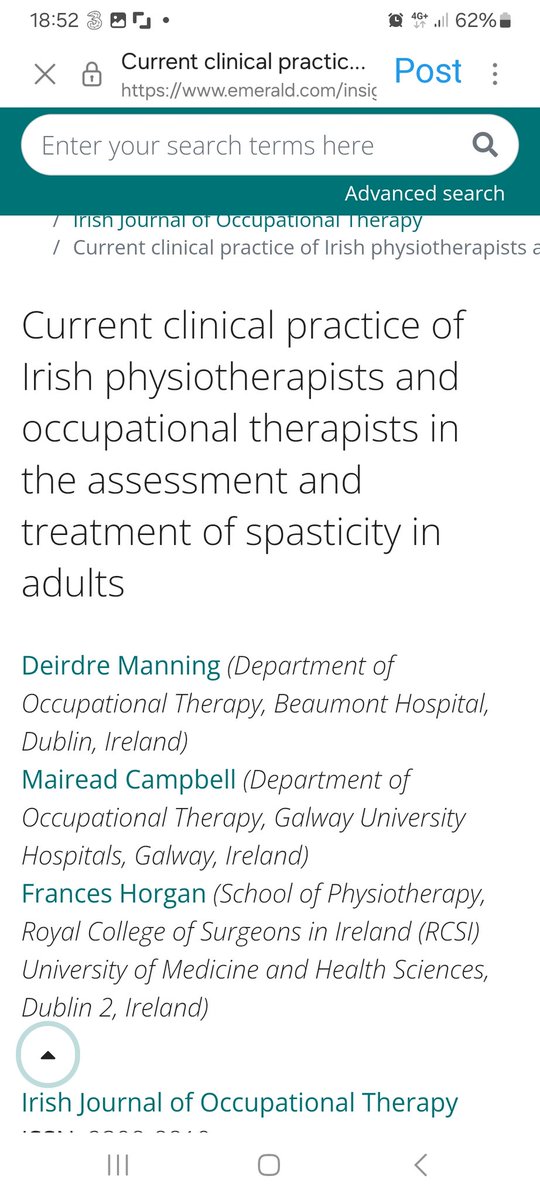 Well done <a href="/DeeManning87/">Deirdre Manning</a> <a href="/MaireadCampbel8/">Mairead Campbell</a> <a href="/frances_horgan/">Frances Horgan</a> -important research on spasticity ax&amp;treatment in Ireland published today <a href="/AOTInews/">Association of Occupational Therapists of Ireland</a>
Highlights significant challenges of implementing best practice&amp; what the solutions to this are👏

emerald.com/insight/conten…