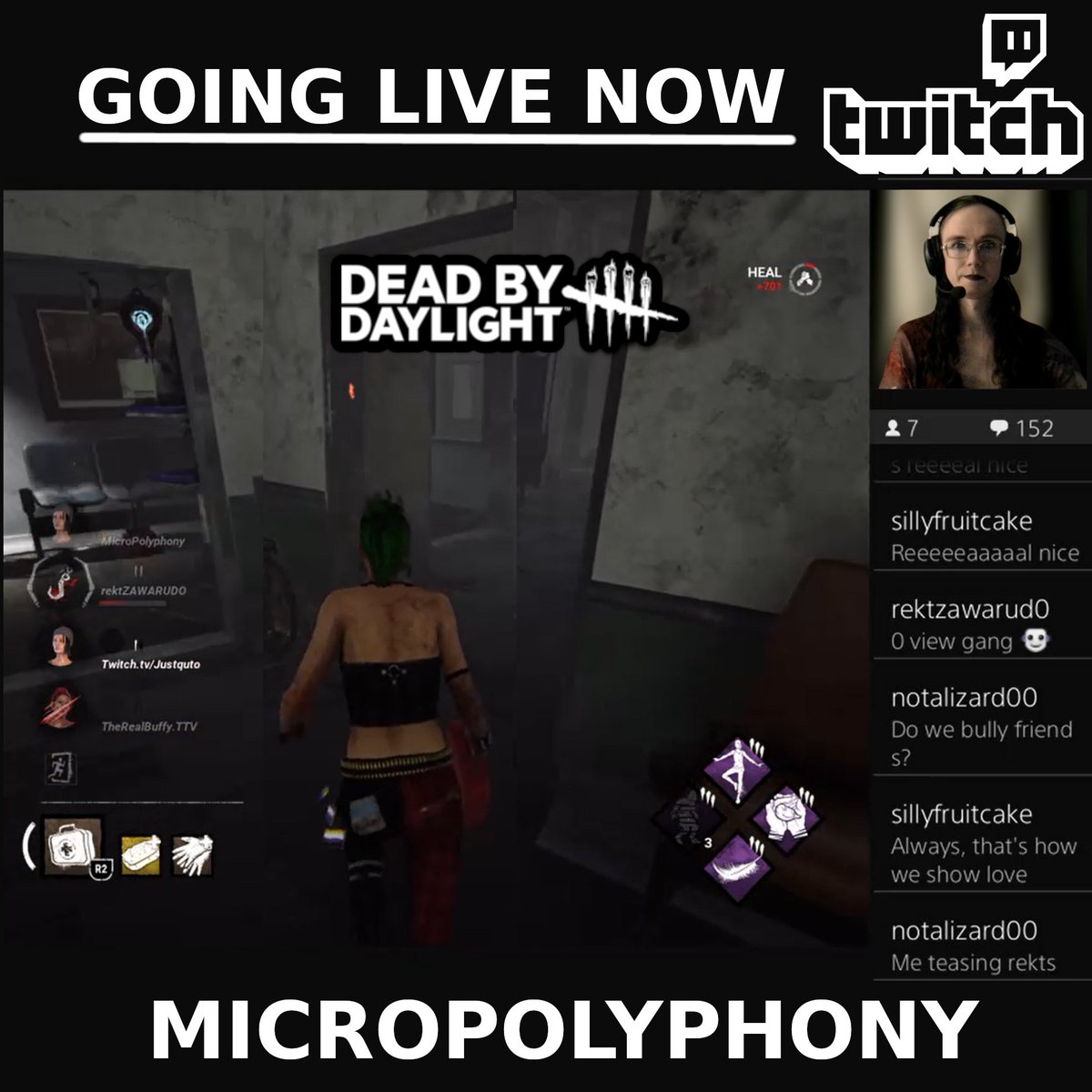 Going live now on Twitch! 'Hejja hejja' as they say!
Dead by Daylight❤️ Survivor & Killer

#Twitch #DeadbyDaylight #SmallStreamer #PS4 #PS4Live #Gaming #DbD #Horror #Survivor #Stream #TwitchAffiliate #TwitchTV #PlayStation #LGBTQ #Sweden

Link: twitch.tv/micropolyphony