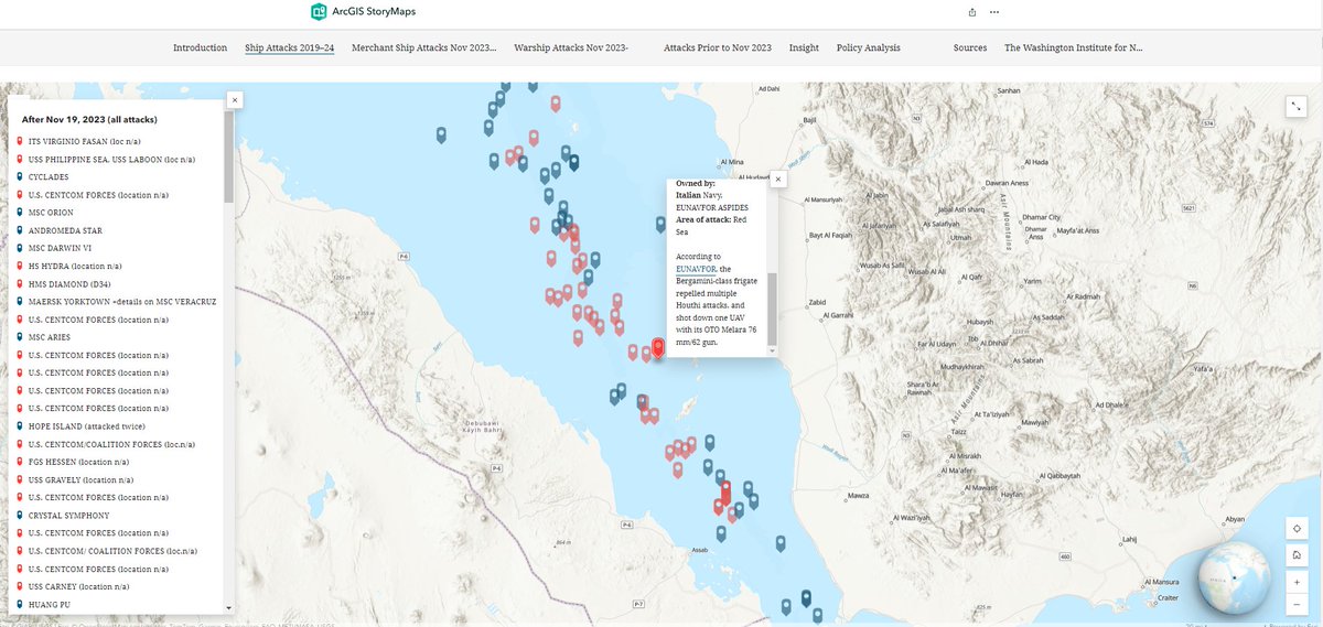 According to @EUNAVFOR, on April 29, the Bergamini-class frigate ITS Virginio Fasan repelled multiple #Houthi attacks. Check out @NoamRaydan and @FarzinNadimi's map for more: washingtoninstitute.org/policy-analysi…
