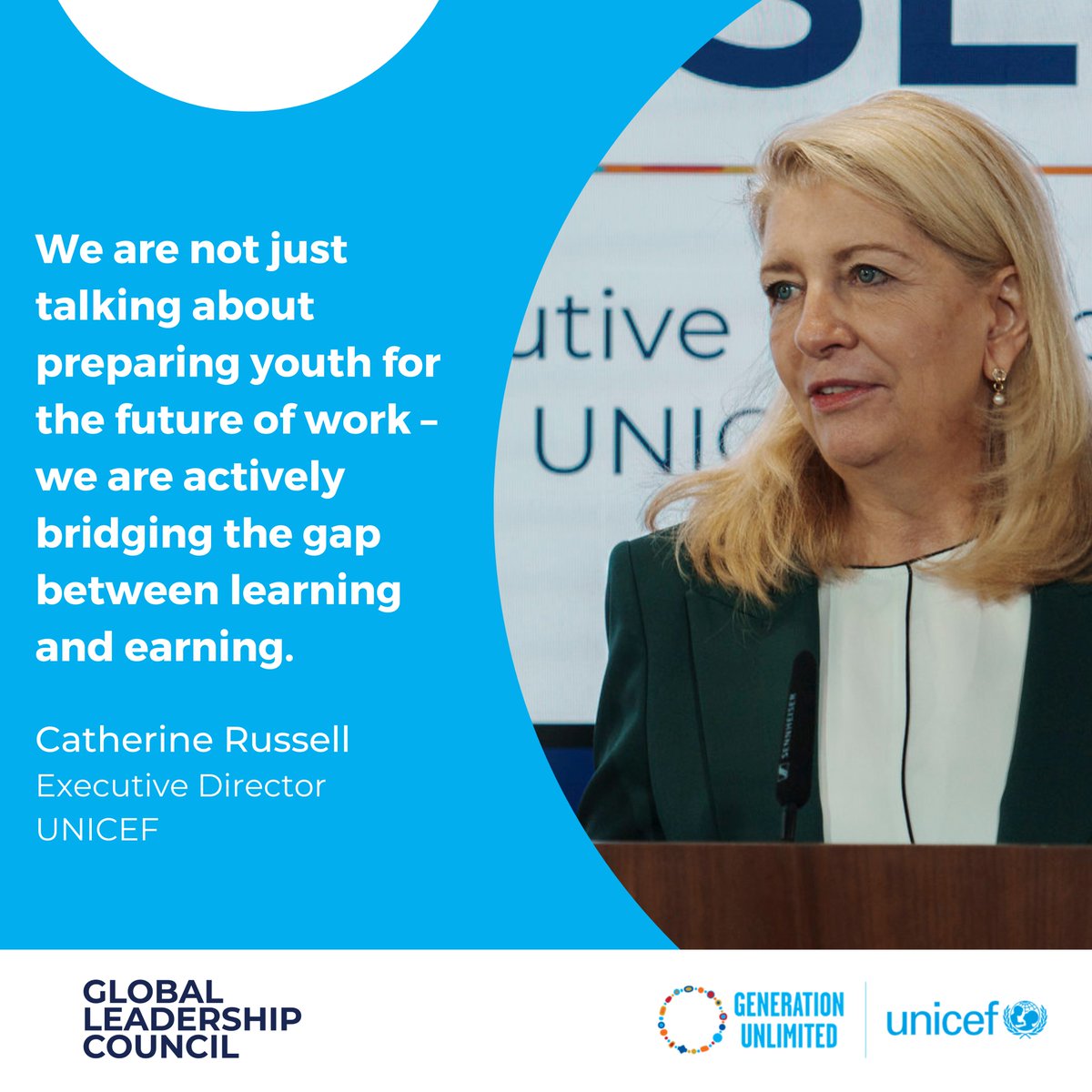 A shared commitment to connect learning to livelihood and today’s opportunities with tomorrow’s sustainable growth. @UNICEFChief shared how partnerships can drive results for youth at the @GenUnlimited_ Global Leadership Council. #SkillsRightNow