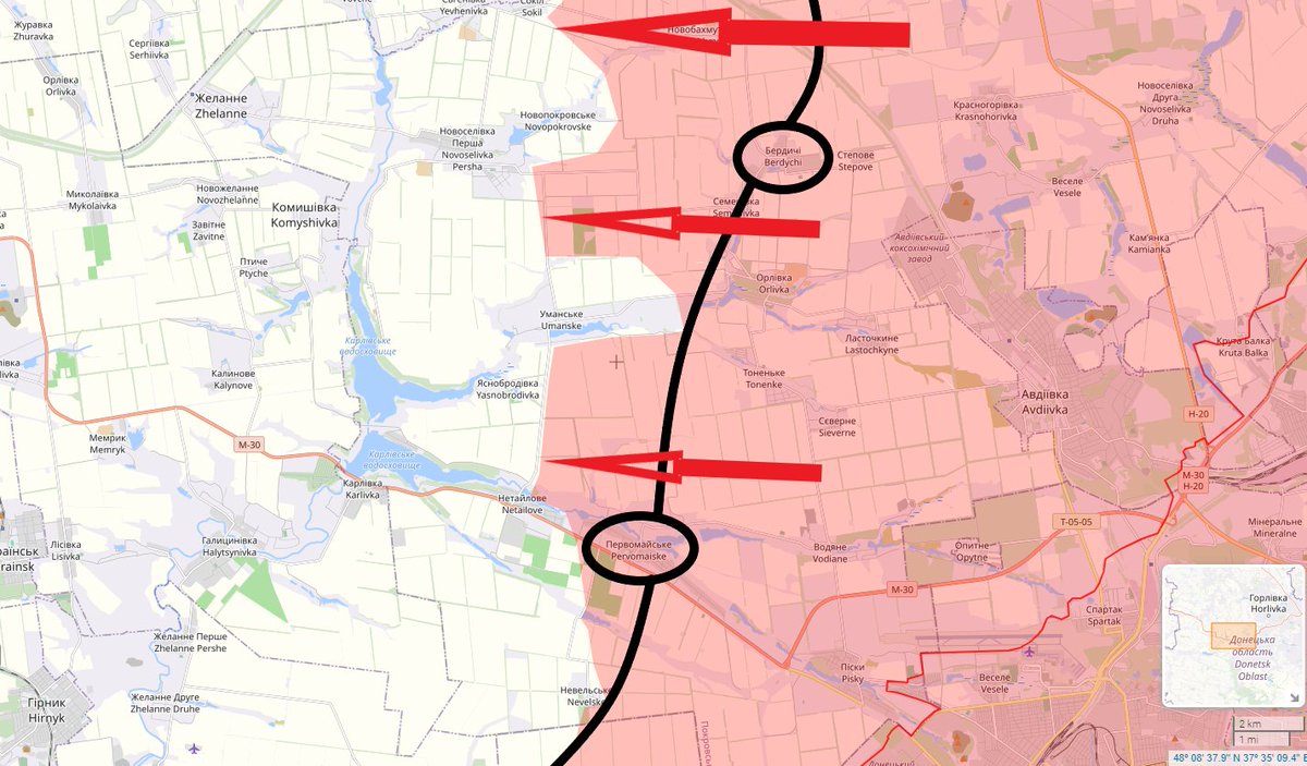 Weiter nördlich sind sowohl Berdychi als auch Pervomaiske und mit ihnen die zweite ukrainische Verteidigungslinie westlich von Avdiivka gefallen. Russische Truppen stießen mittlerweile bis nach Nitailove vor sowie weit im ländlichen Gebiet bei Umanske. (3/25) #UkraineWar