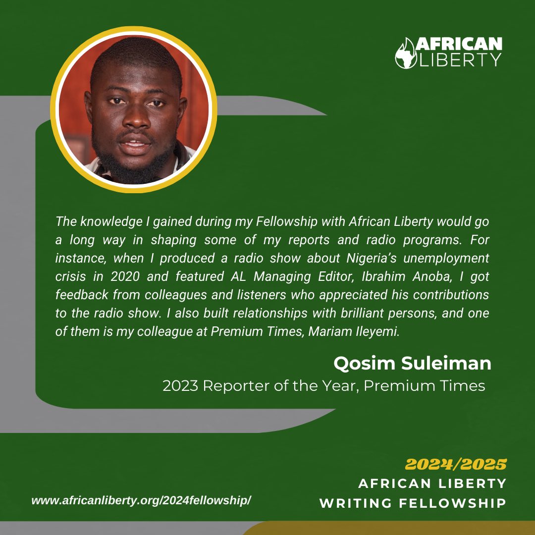 Congratulations to Qosim Suleiman for being honored with the title of 2023 Reporter of the Year at Premium Times Nigeria. We are deeply proud of your achievements. Apply to join the 2024 cohort of the African Liberty Writing Fellowship. APPLY NOW: africanliberty.org/2024fellowship/