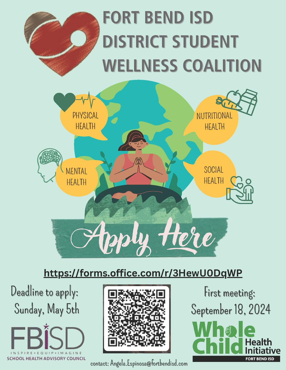 🌎 The @FortBendISD District Student Wellness Coalition is a one-year commitment and focuses on student overall wellness and is open to current Freshman-Juniors. For more info visit fortbendisd.com/Page/168482. Apply online at forms.office.com/r/pZhEPiKU5U. The deadline to apply is May 5!