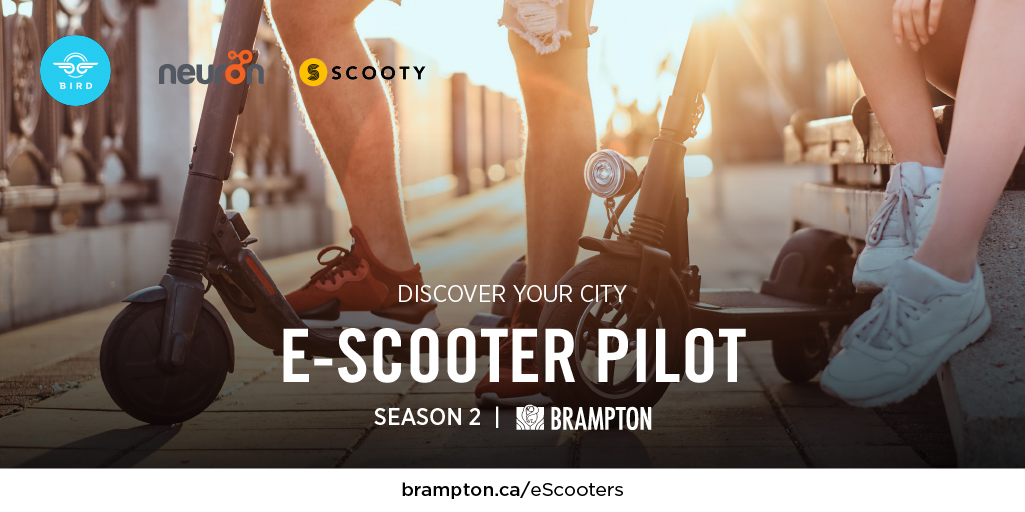 The e-Scooter Pilot Program is back to offer sustainable transportation options to our community. 💙🎉🛴 Learn about the program and have your say 🔗: brampton.ca/escooters @ridescooty @birdride @rideneuron_ca