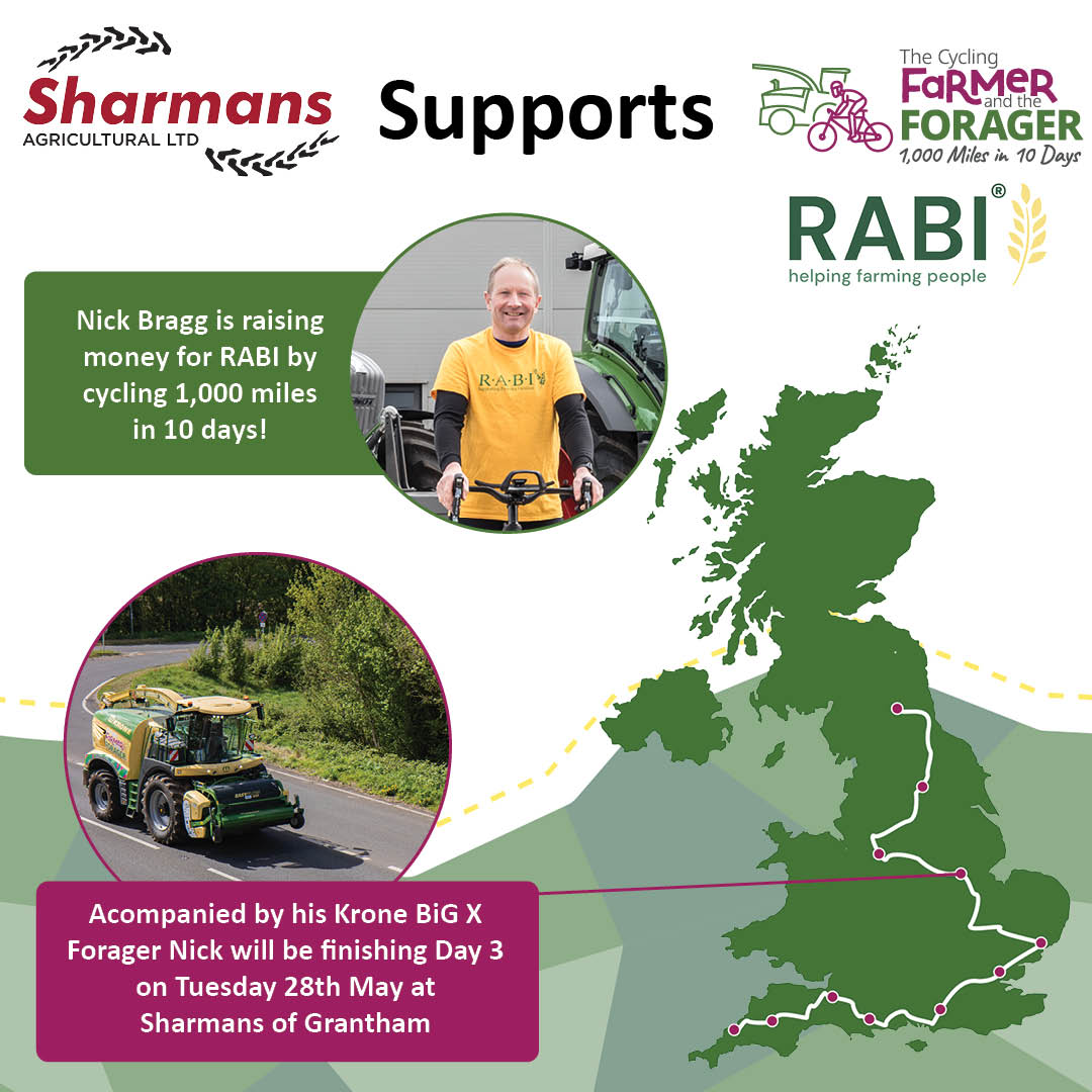 Sharmans are proud to support Nick Bragg, who is cycling 1,000 miles in 10 days to raise funds for @RABICharity1, joined by his trusty @Krone BiG X Forager!🚴
Help support Nick here - ow.ly/Pzlh50RuqA3
#Krone #RABI #Farming #CharityWork #KroneBiGX #CyclingChallenge #Cycling