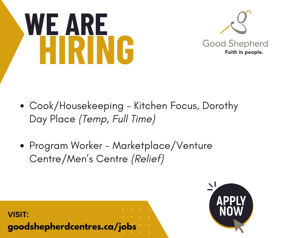 New jobs have been added to our website. For details, visit goodshepherdcentres.ca/jobs