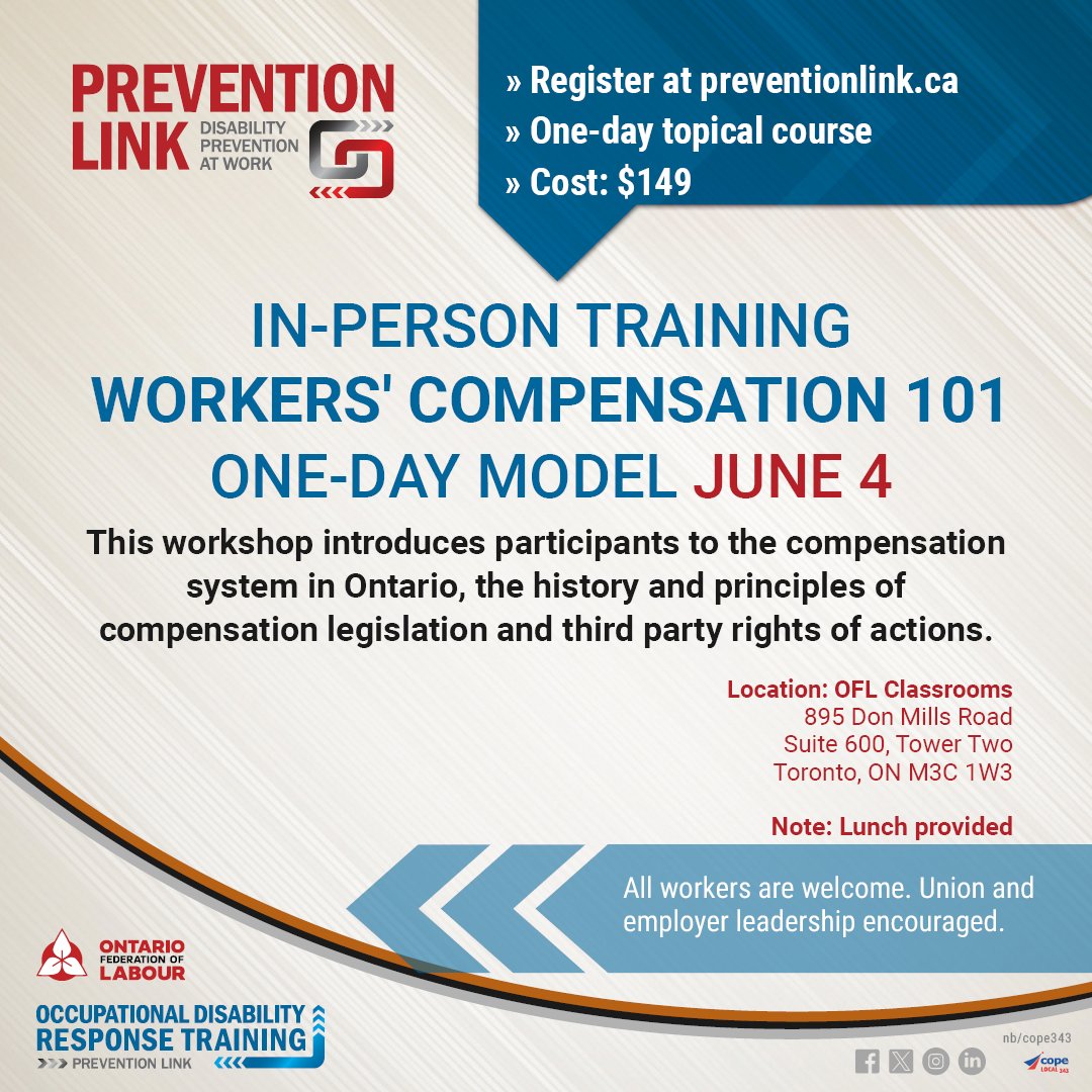 This course introduces participants to the compensation system! Participants will learn: 💡Injury reporting 💡How claims are filed 💡The responsibilities of the workplace parties 💡Benefits and services available to injured and ill workers. Register: ow.ly/19Ny50RuZFc