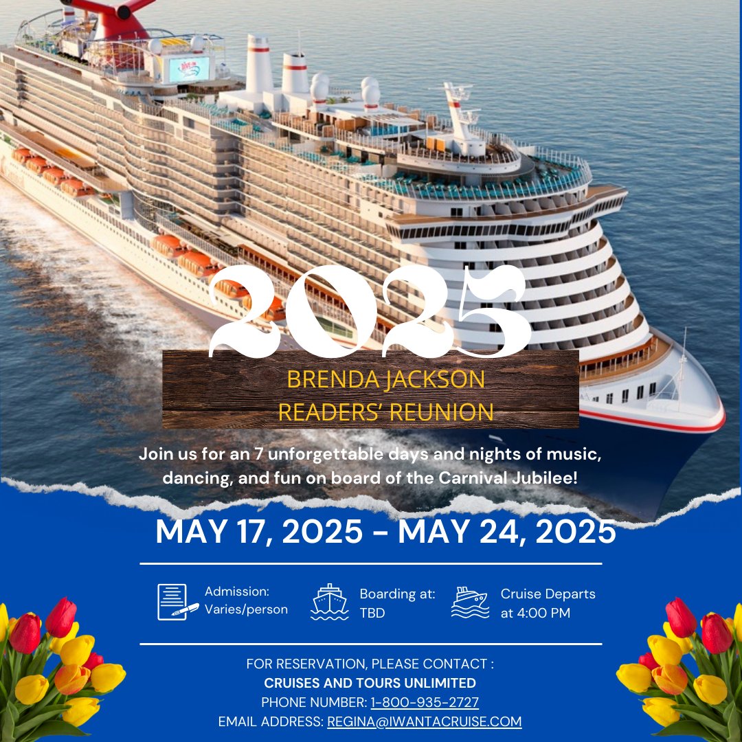 Join me for a 7-night Western Caribbean cruise (May 17-24, 2025) aboard Carnival Jubilee! Fun, sun & supporting a good cause! #BrendaJackson #ReadersReunion Details: ow.ly/RmmB50Rv0kY