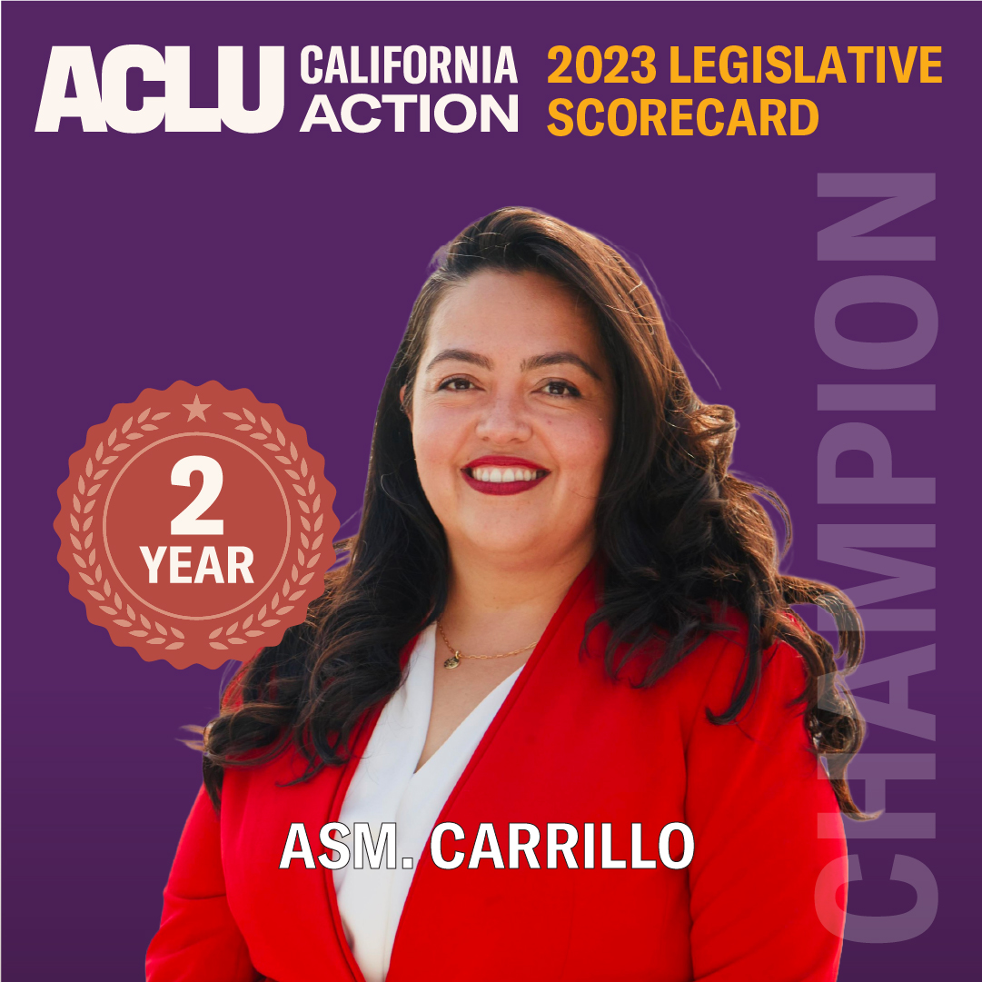 Over the past five years, Assemblymember Carrillo achieved a perfect 100% score on our #CALeg scorecard 2 times. Thank you @AsmCarrillo for being a champion of civil rights and civil liberties. 💫 🔗aclucalaction.org/scorecard