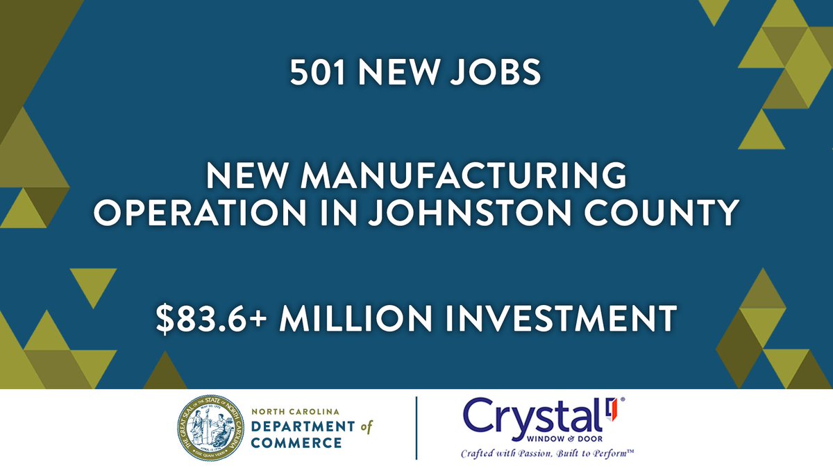 NEWS: @DoorCrystal will locate a manufacturing center in #JohnstonCounty, creating 501 jobs. The leading #manufacturer of replacement and new construction windows will invest $83.6 million in Selma.
More: bit.ly/4dhdnWx
#EconDev #Mfg