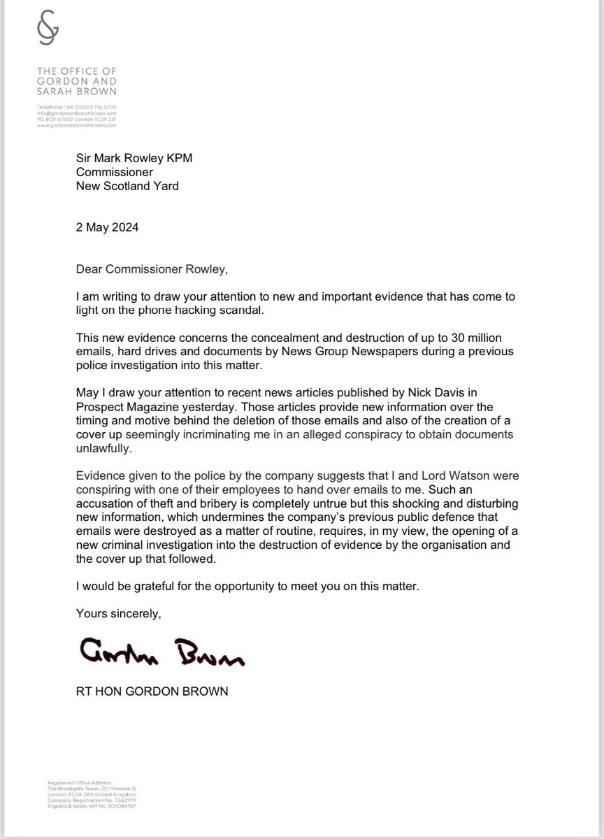 Former prime minister Gordon Brown has written to the Met Commissioner Sir Mark Rowley calling for a second criminal phone-hacking investigation into News Group Newspapers, namely into the alleged “destruction of evidence by the organisation and the cover up that followed” (see…