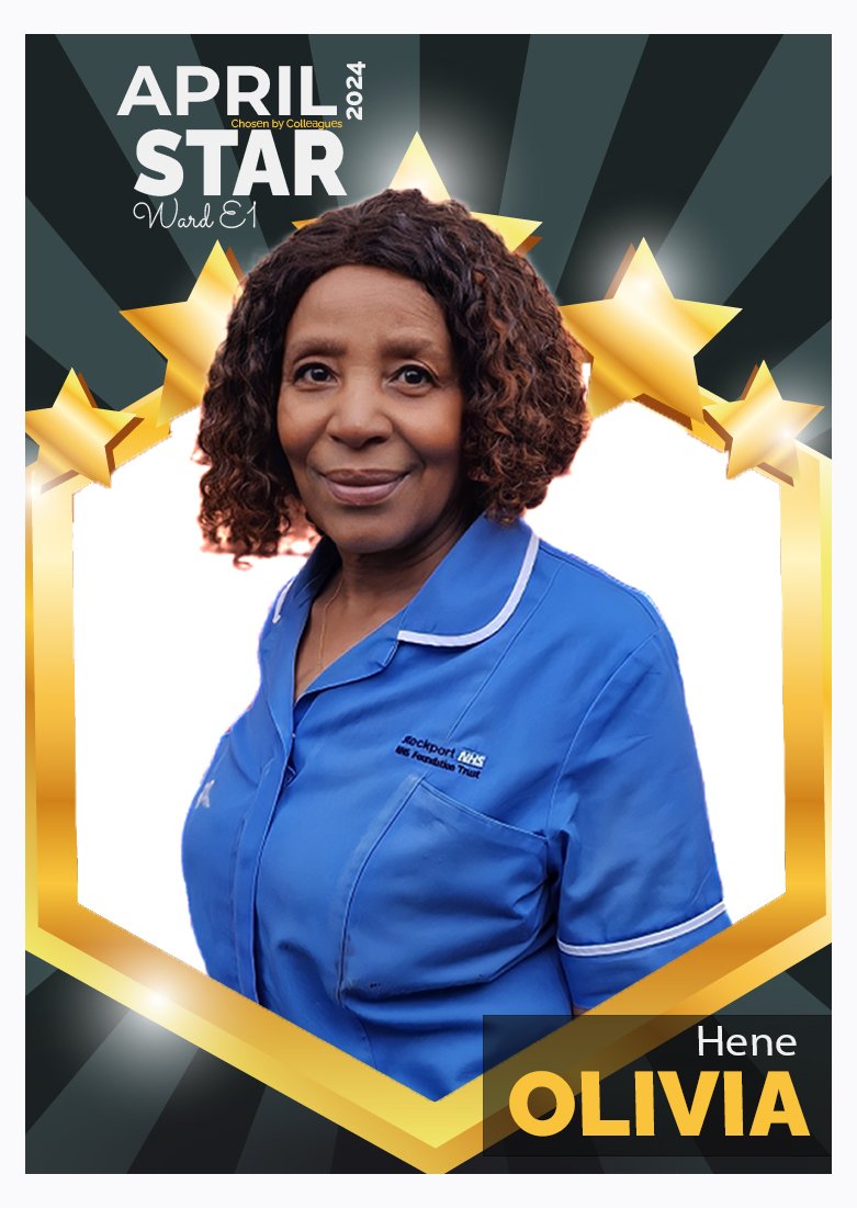 Congratulations to Olivia, voted as our STAR of April through our online poll. 'Mama' was nominated for being an ever-present staff member, punctual & dedicated to supporting and promoting unity among staff. Well done! 🌟 @AliceJo42072450 @MandyLou67 @PatriotOfori @StockportNHS