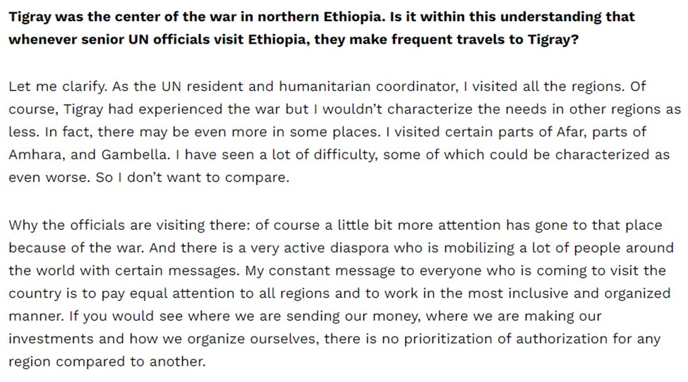 Exhibit C: Misleading the public In a recent interview. UNOCHA Chief says that Tigray is better off than the other regions in Ethiopia, which is empirically false. Then he says that he doesn’t want to compare. /7 thereporterethiopia.com/39565/