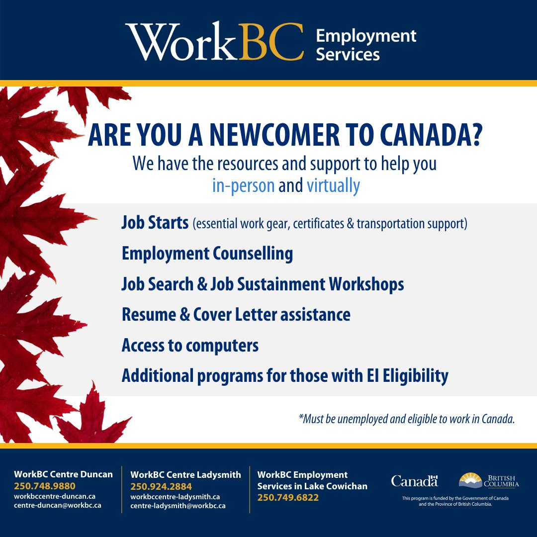 Did you know that WorkBC supports Newcomers to the Cowichan Valley with free Employment Services!? Contact us today to find out more: 250-748-9880. #workbc #cowichanvalley