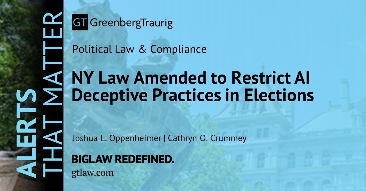 In mid-April 2024, New York adopted legislation relating to the use of artificial intelligence in political communications. Read more in this #GTAlert: buff.ly/4a8fKIi. #ArtificialIntelligence #AI #PoliticalLaw #NYLaw #Elections