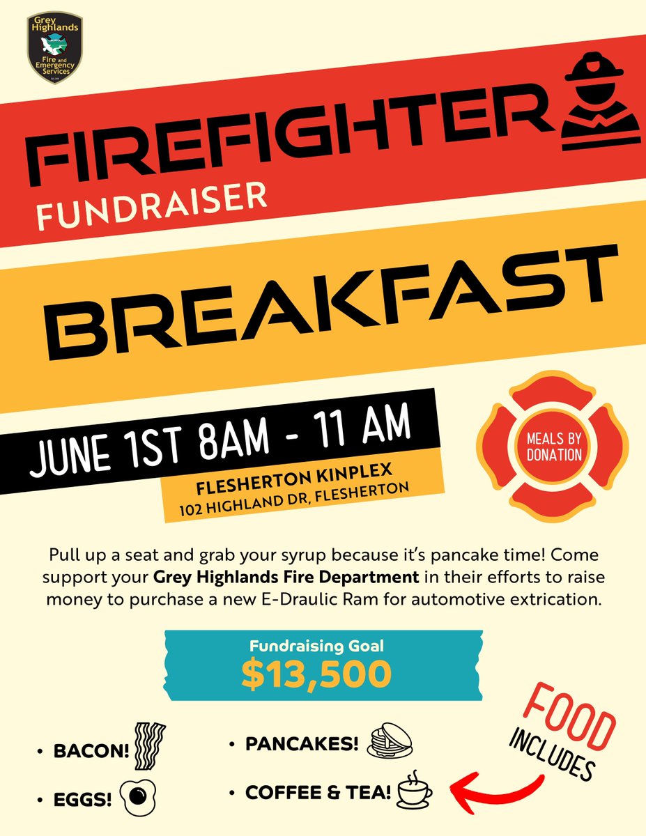 Mark your calendars for the annual Firefighter Breakfast Fundraiser!  🥓 🍳 🥞 😋 

Happening on Saturday, June 1st, from 8 am to 11 am at the Kinplex, Flesherton.

Enjoy a delicious breakfast while helping raise money for a new e-hydraulic extrication device. Meals by donation.