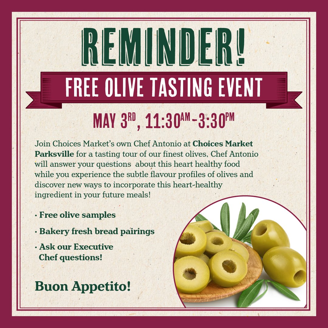 Reminder! 🛎️

Swing by Choices Parksville TOMORROW to sample delicious olives and fresh bread with Chef Antonio! 🫒👨‍🍳