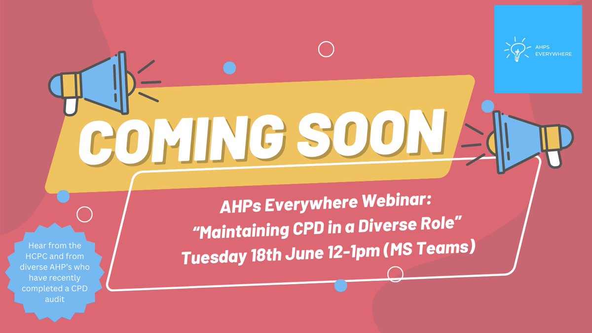 📢 You asked and we listened!👂 Our most requested webinar topic has been how to maintain CPD in a diverse role - and here it is! 📝 We have 3 fabulous speakers lined up and time for Q&A. Teams registration link & more info coming next week! All AHPs welcome 😀