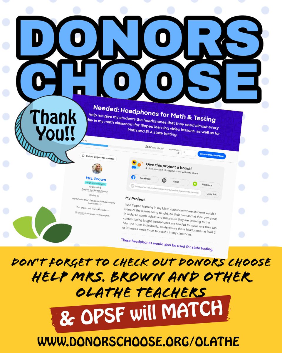 Olathe teachers still need your support to get the things they need to keep their classrooms going for the rest of the year and to prepare for next AND OPSF is still matching funds!!! Help Mrs. Brown at OTMS purchase headphones for her classroom. donorschoose.org/project/needed…