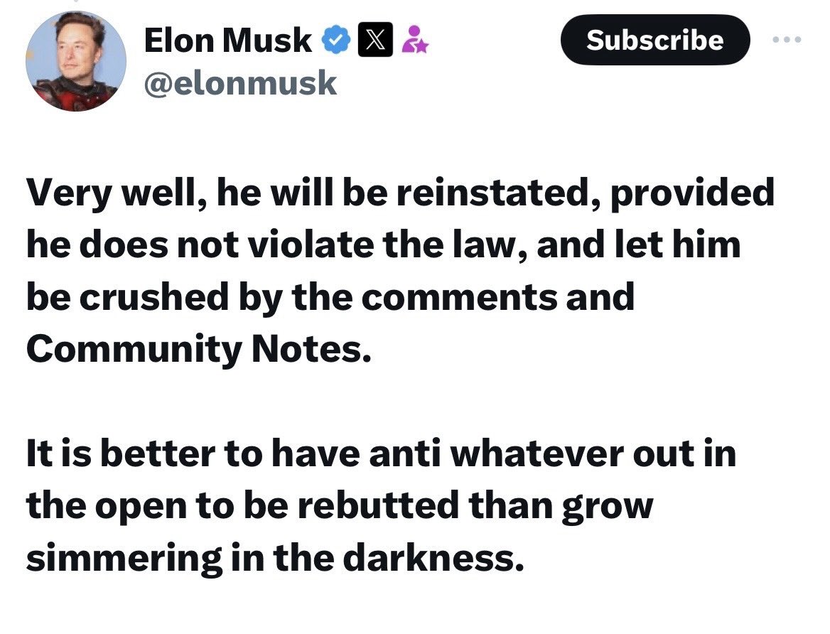 Elon Musk finally agrees to bring Nick Fuentes back on X I don't think this is gonna go how he thinks it is but glad he's bringing free speech back