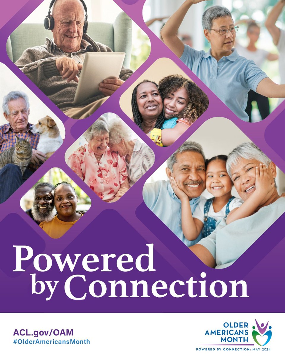 Happy Older Americans Month! The 2024 theme is Powered by Connection! Throughout OAM, we will share how our communities are Powered by Connection! 
Learn more:
acl.gov/oam/2024/older…

 #PoweredByConnection
#OAM2024
#FindPeaceOfMind
#community