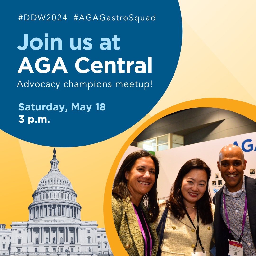 We’re thanking our advocacy champions at #DDW2024! Join our meetup for networking + refreshments if you...

✍🏼Wrote your member of Congress
🏛️Advocated for #priorauth reform
💰Donated to AGA PAC
👍Want to support efforts to protect GIs & patients! 

RSVP: ow.ly/3lvT50RsYaA