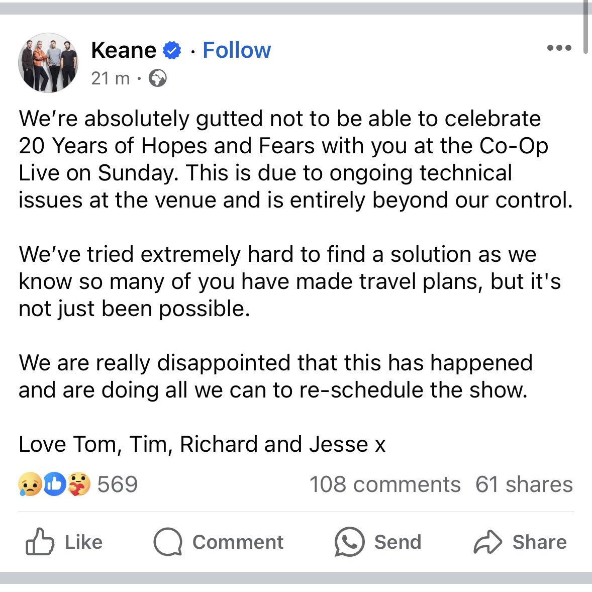 Even more cancellations at COOP Live Arena in Manchester. This time it’s Keane on Sunday.