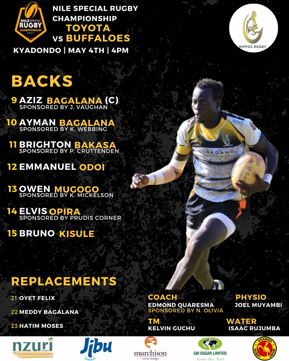 𝗦𝗤𝗨𝗔𝗗 𝗔𝗡𝗡𝗢𝗨𝗡𝗖𝗘𝗠𝗘𝗡𝗧 Note some changes: 🔃 @FahadMaido - @OxJaluo 💪 Sean 🔀 Syliver - @OwenMugogo 👏 Enock @ahmedy_bugzy is 🔙 💧@rujus_ will be our @jibuuganda rep on pitch 💛🖤 A HUGE THANKS to all our player sponsors #HipposTunameza #RaiseYourGame #NSRC2024