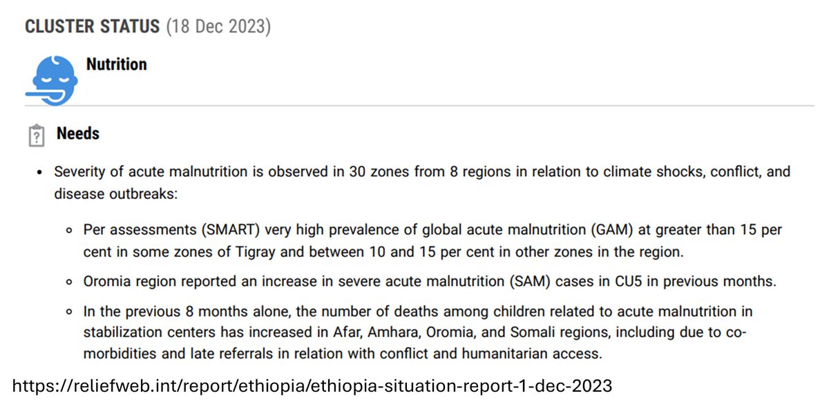 Exhibit D: Using different metrics for child malnutrition. 1. Last update. Amhara CU5 Malnutrition uses MAUC. 2. Graph is from the SMART survey using MUAC. 3. Update from @OCHA_Ethiopia ignores the MUAC measurement. /8