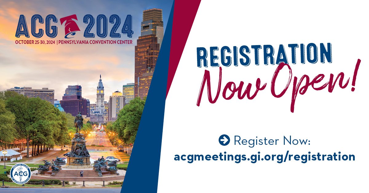 Registration for #ACG2024 is now OPEN! Discover the latest clinical science in GI and hepatology, build your professional skills, and learn about opportunities to connect with the GI community. 📅 October 25-30 📍 Philadelphia, PA ➡️ acgmeetings.gi.org/registration ⬅️