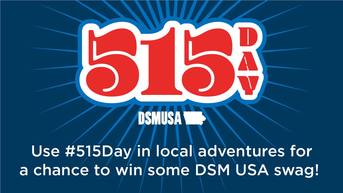 Celebrate #515Day in Greater Des Moines (DSM) by supporting local restaurants, shops and more on Wednesday, May 15. Use #DSMUSA and #515Day in your posts for a chance to win DSM swag from the Greater Des Moines Partnership and Hummingbirds. 

Learn more: ow.ly/vnxT50Rv2uM.