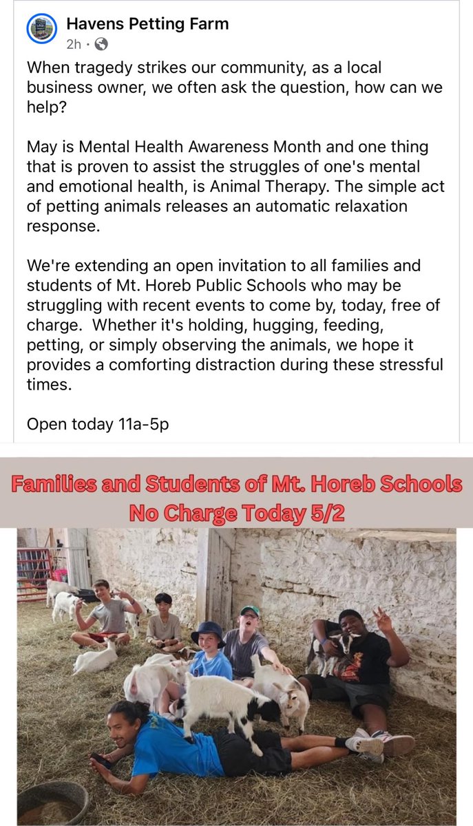 A school shooting happened in a nearby town yesterday & amidst all of the horror & trauma & heartbreak, a local petting zoo opened their doors today to anyone from that district to come for free to cuddle, snuggle & hug on all of their animals. ❤️
