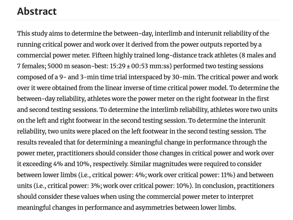 Check this article 'Running critical power: between-day, interlimb and interunit reliability' buff.ly/3QkhSps #running #runninganalytics #runningscience #trackrunning #sportstech #sportsengineering #sportscience