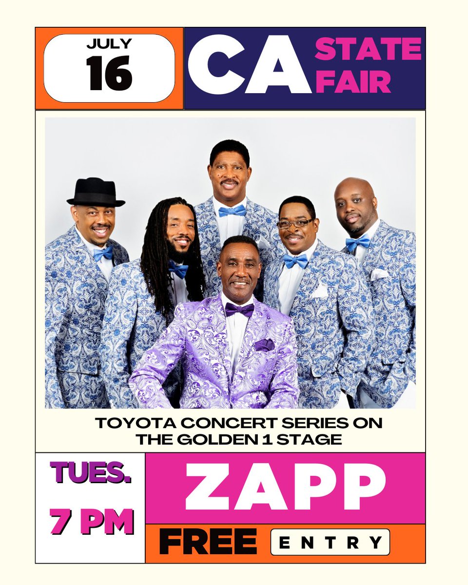 Let's funk it up! 🎶 Zapp is hitting the stage at the #CAStateFair on Tuesday, July 16 as part of the @Toyota Concert Series on the @golden1cu Stage. Get ready to dance the night away to their iconic beats! 💃 FREE with general admission! bit.ly/CSFZapp