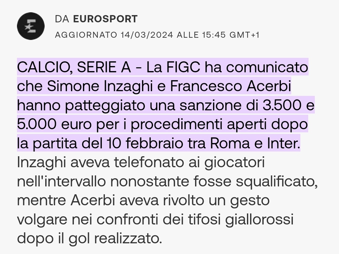 Patteggiamento Inzaghi e Acerbi Quella partita finì 2-4 per l'Inter così tanto per citare gli onesti.