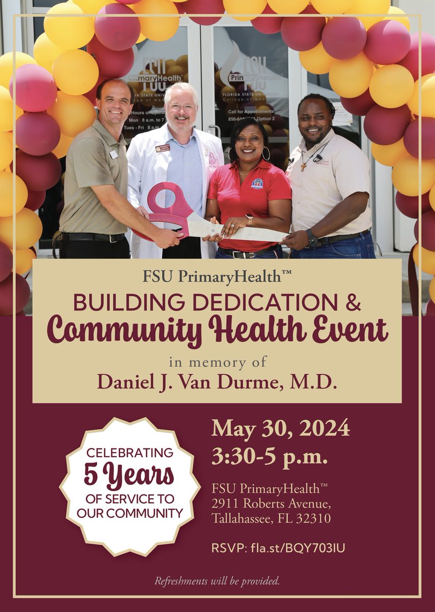 FSUCoM's tweet photo. You are cordially invited to attend FSU PrimaryHealth’s Building Dedication in memory of Daniel J. Van Durme, M.D. If you plan to attend, please RSVP by Friday, May 24 at the following link: https://t.co/e6fFUtdOt4 https://t.co/mi5S6KVsct