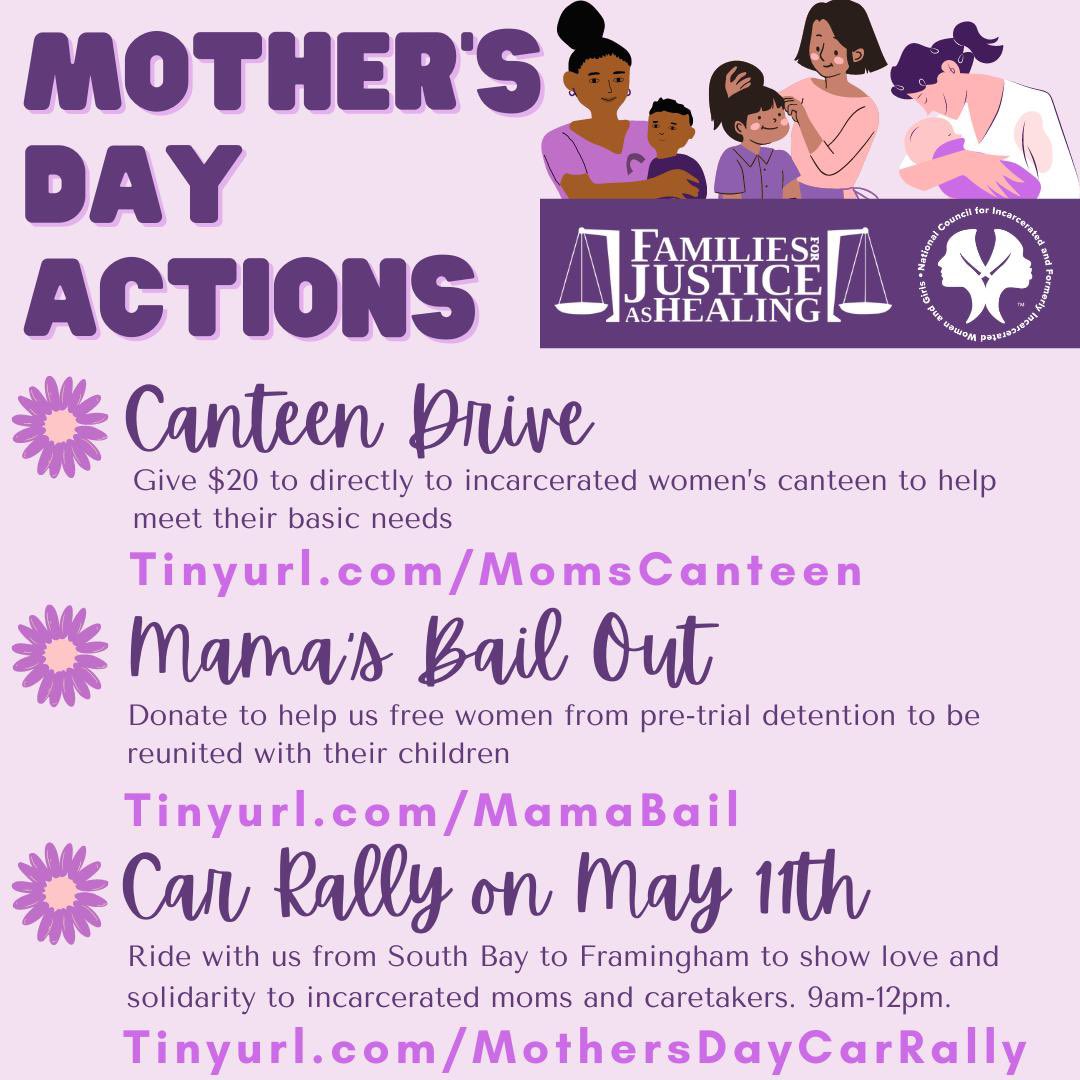 MAY MEANS BRING OUR MAMAS HOME! #FreeHer Can you give to the Canteen Drive? tinyurl.com/MomsCanteen Can you contribute to bail money for moms? tinyurl.com/MamaBail Will you ride with us on May 11 for the fifth year of this beautiful tradition?  tinyurl.com/MothersDayCarR…