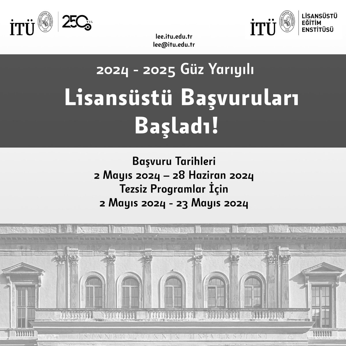 İTÜ - İstanbul Teknik Üniversitesi (@itu1773) on Twitter photo İTÜ Lisansüstü başvuruları başladı! 🎓🐝 <a href="/itulisansustu/">İTÜ Lisansüstü Eğitim Enstitüsü</a>
Başvuru Tarihleri 👉 2 Mayıs 2024 - 28 Haziran 2024
Tezsiz programlar için 👉 2 Mayıs 2024 - 23 Mayıs 2024
🔗 lee.itu.edu.tr İTÜ Lisansüstü başvuruları başladı! 🎓🐝 <a href="/itulisansustu/">İTÜ Lisansüstü Eğitim Enstitüsü</a>
Başvuru Tarihleri 👉 2 Mayıs 2024 - 28 Haziran 2024
Tezsiz programlar için 👉 2 Mayıs 2024 - 23 Mayıs 2024
🔗 lee.itu.edu.tr