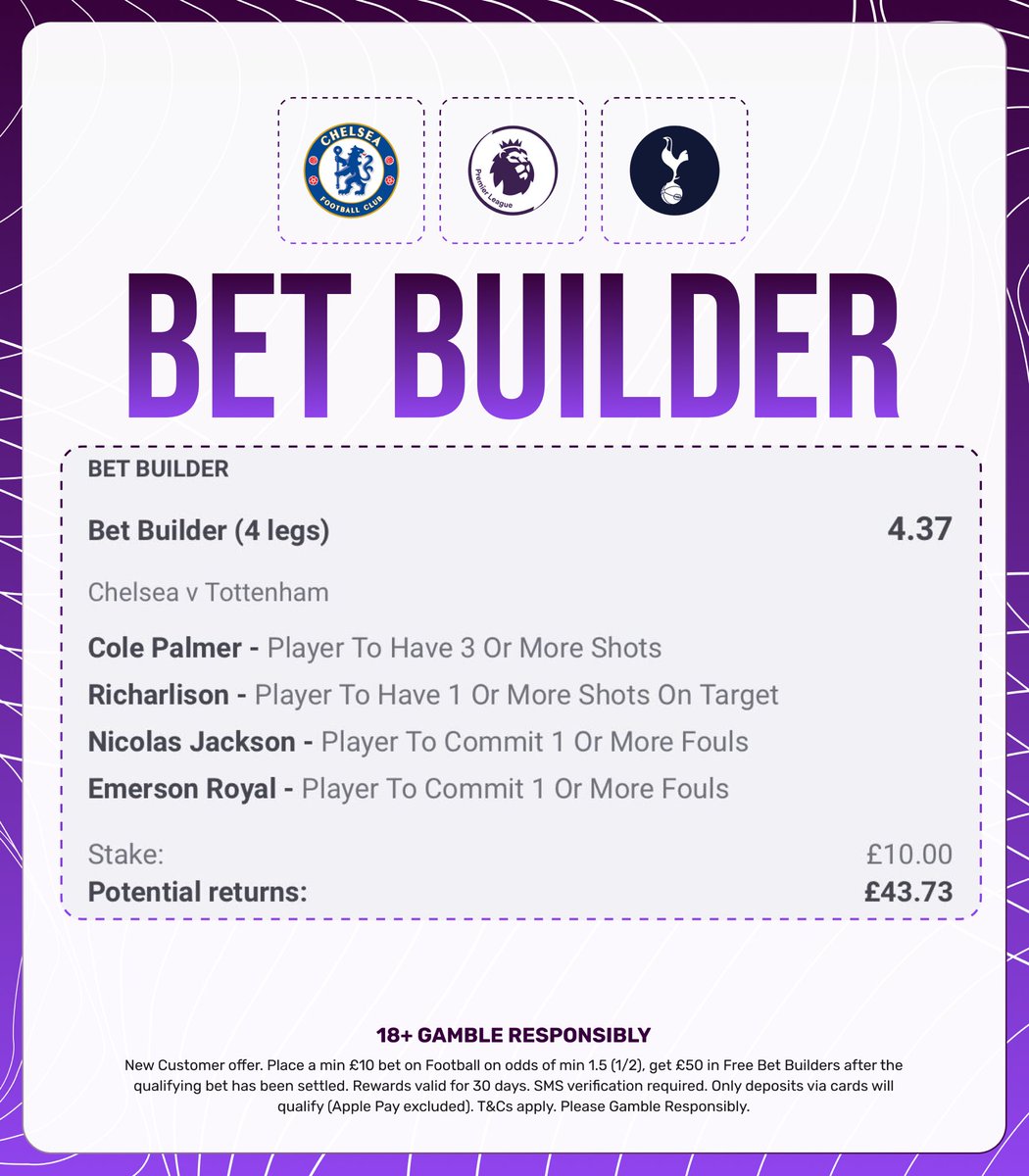 🔨 Chelsea vs Spurs bet builder. 📌 Load it: bit.ly/CHE-SPU-BB Join Paddy Power, stake a tenner on a bet builder & you’ll have £50 in free bets ready for the weekend. Claim offer: bit.ly/G50-BB-PP Stats pack on the way shortly. 18+, Gamble Responsibly.