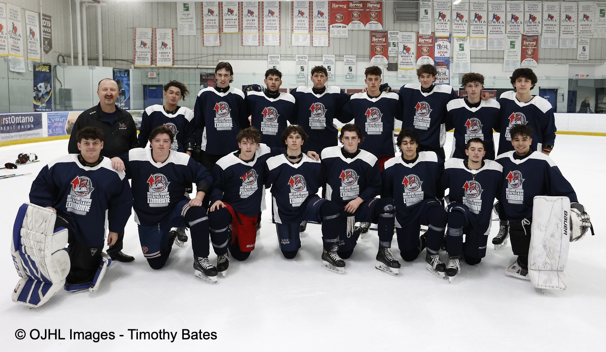 Teams pose for a post game photo at the 2024 OJHL Combine. (3-3) #leagueofchoice